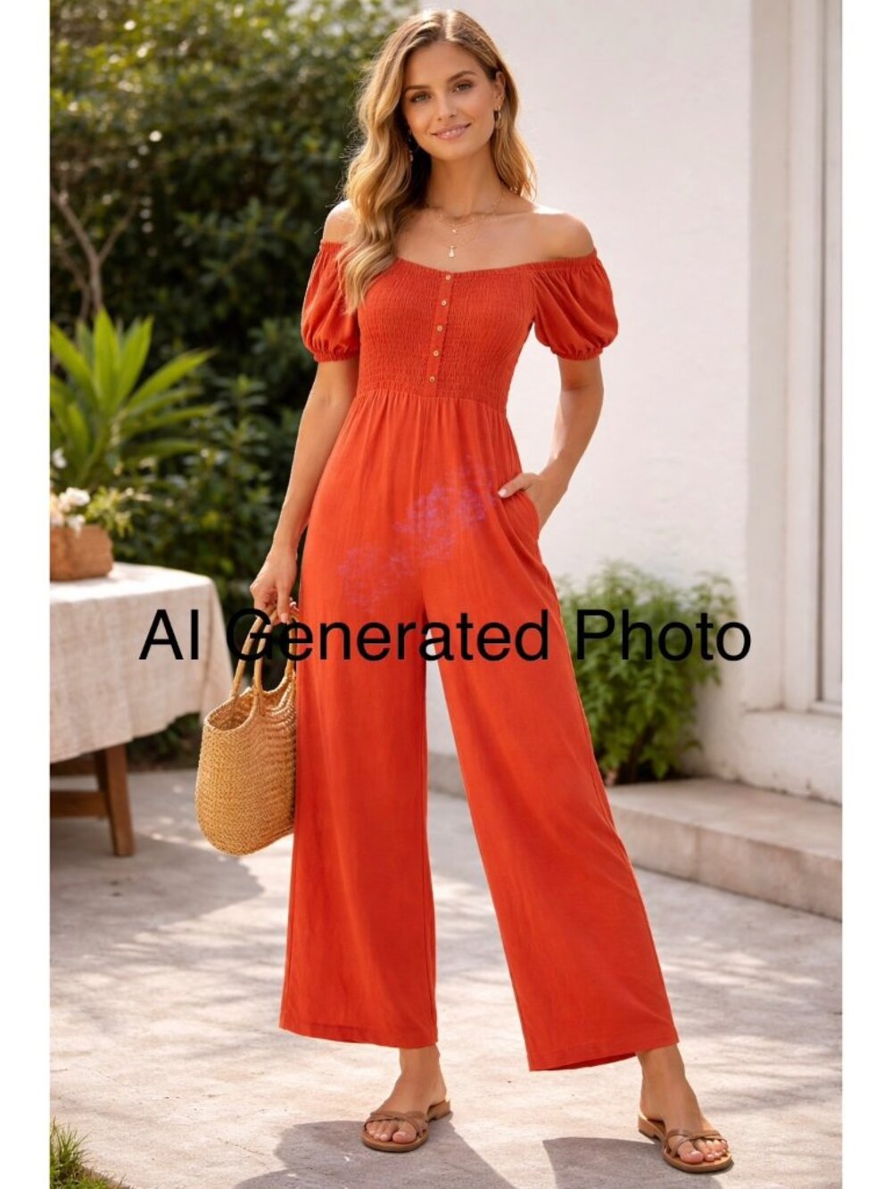 Bobeau Womens Smocked Bodice Jumpsuit With Puff Sleeves & Button Front Rust Oran
